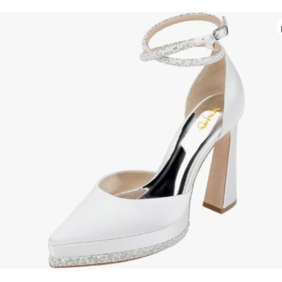 XYD White Pointed Toe Platforms Glamorous Crystal Ankle Wrap Strappy Satin Shoes - Picture 1 of 8